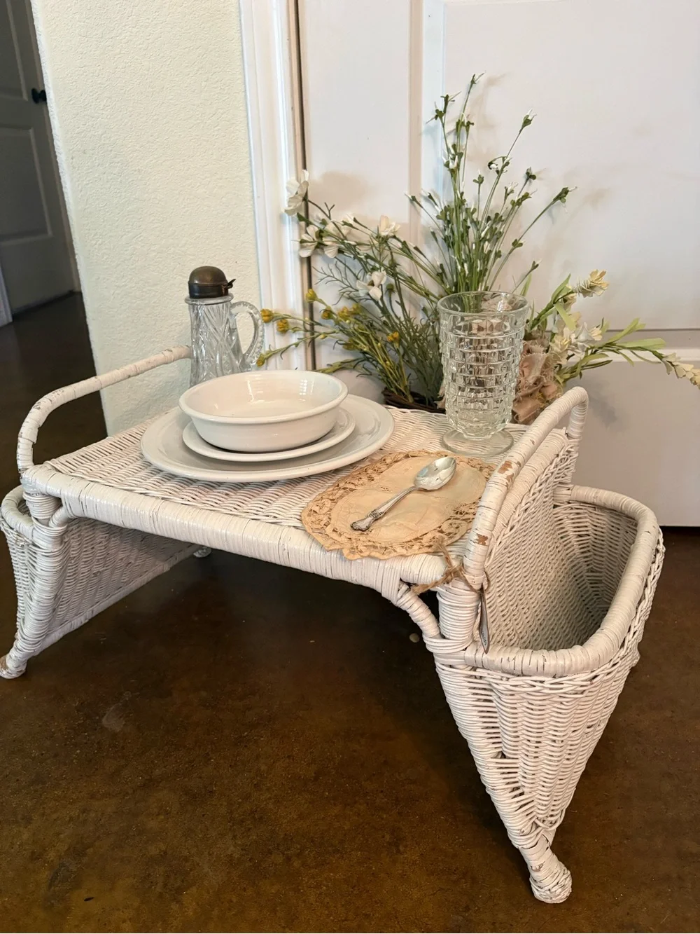 White Wicker Serving Tray Table - Home Dining